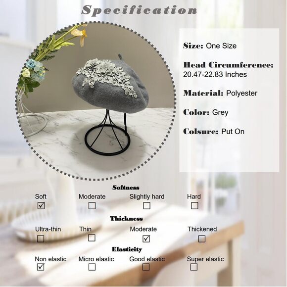 4841 French Beret Hats Classic Wool Flower Embroidery Solid Color Women main image 5